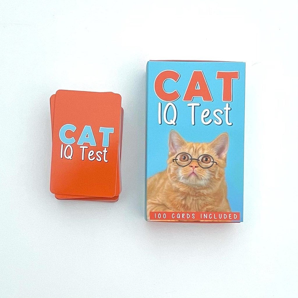 A stack of orange cards on a plain white background with a box that is light blue with large orange and white text reading 'CAT IQ Test' and a photo of an orange cat wearing glasses.