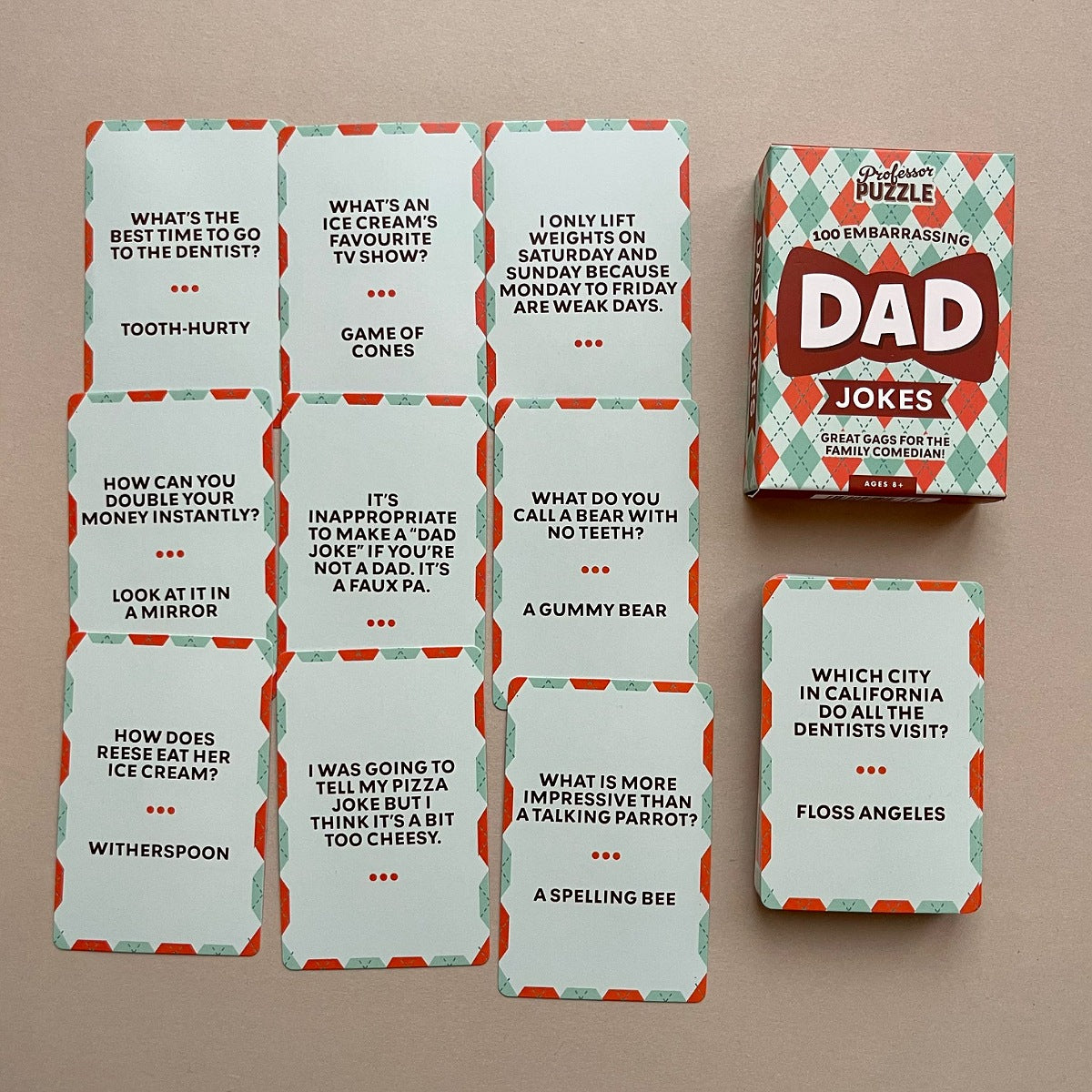 Set of cards with humorous dad jokes on a beige background