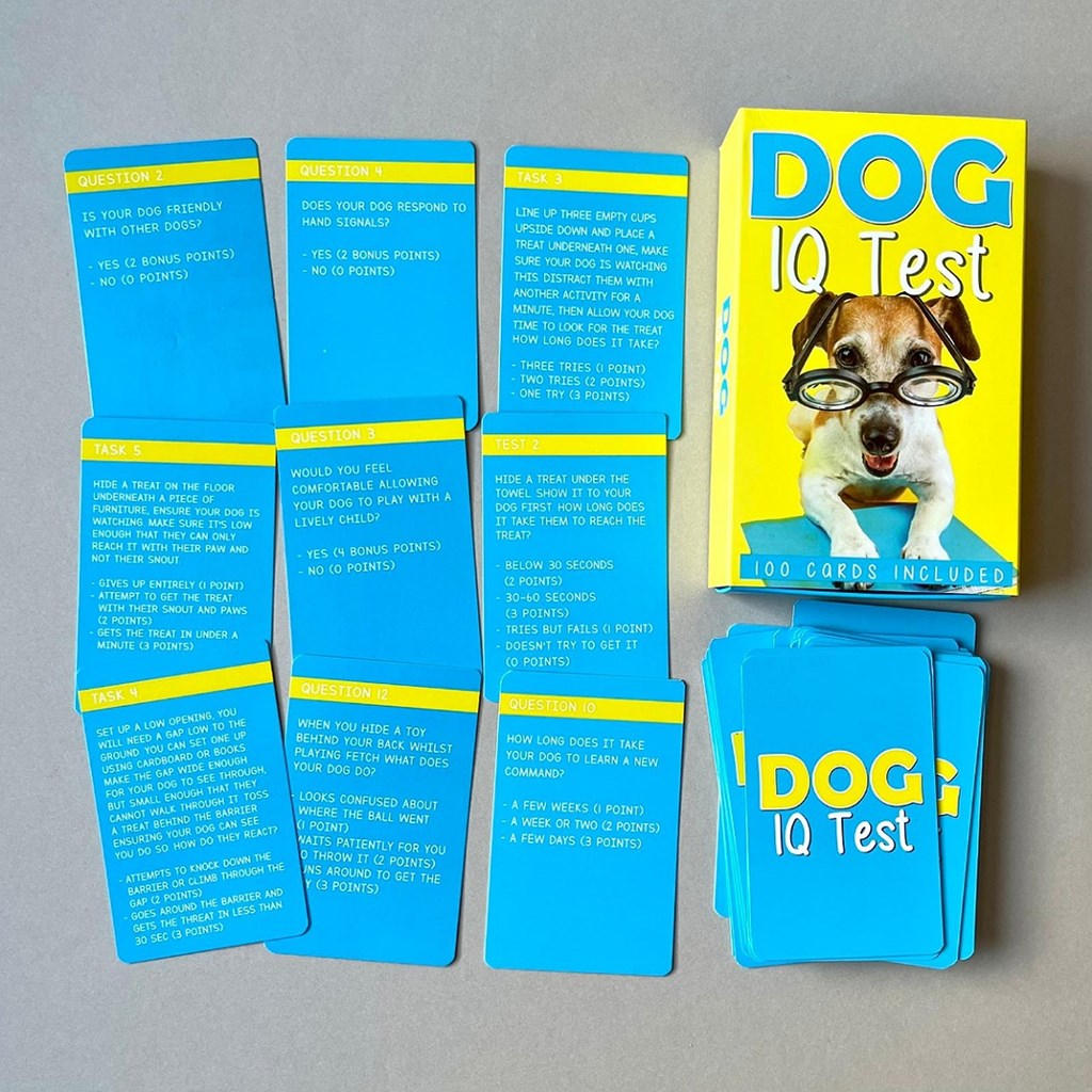 Dog IQ Test card game box with display of blue cards on a grey background