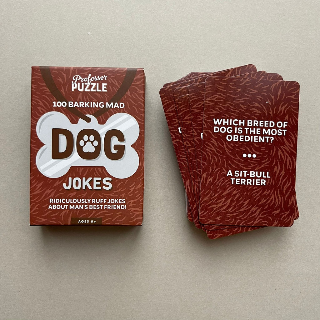 Brown box for 'Dog Jokes' with a stack of cards on a beige background