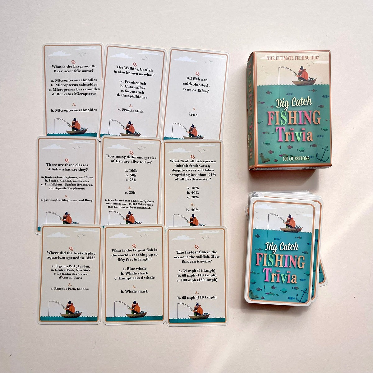 Various fishing trivia question cards with a box on a light background