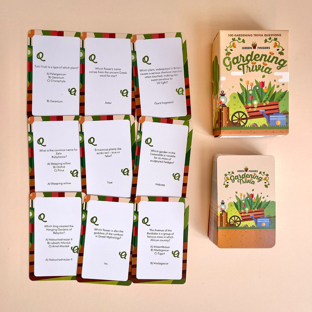 Gardening trivia question cards with a box on a beige background