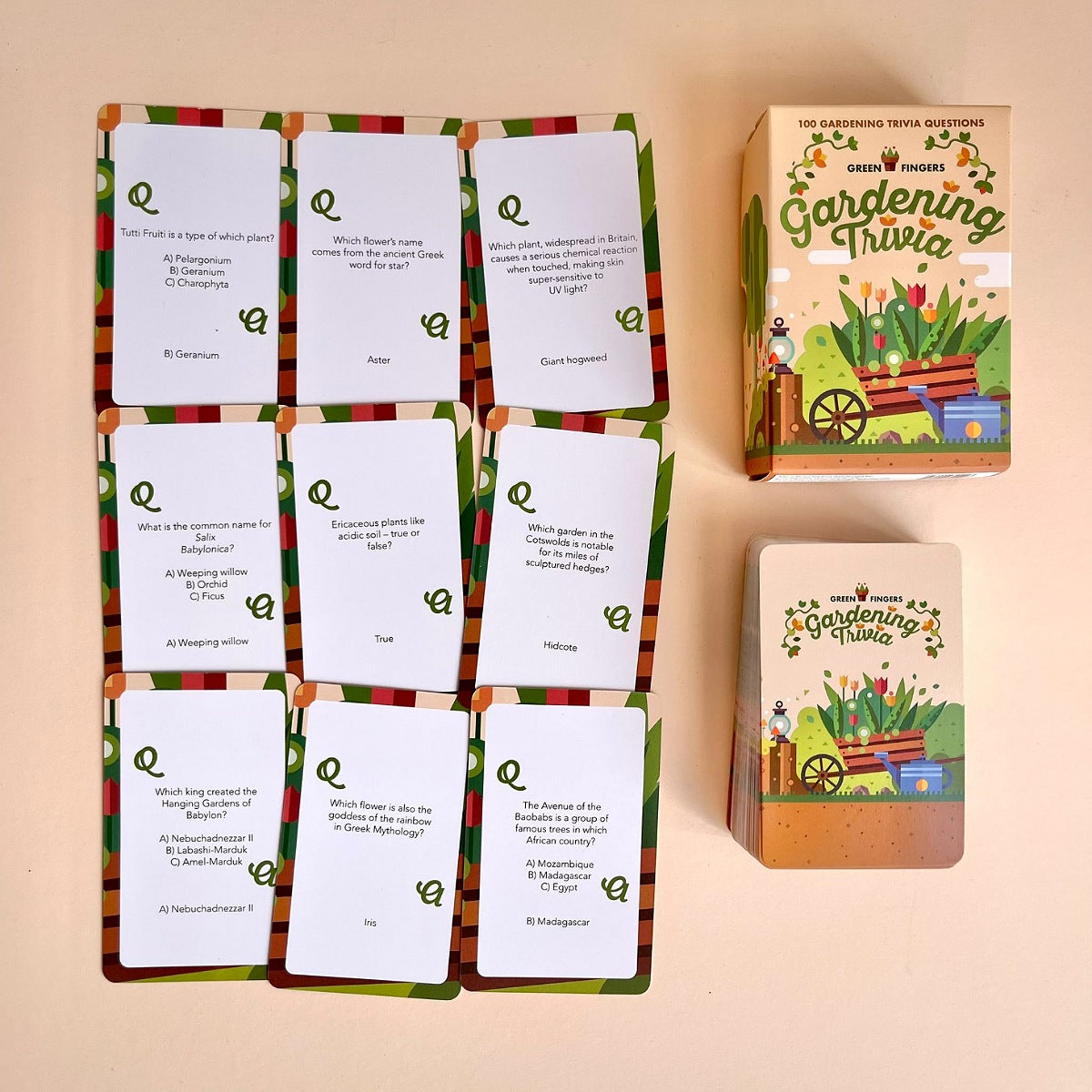Gardening trivia question cards with a box on a beige background