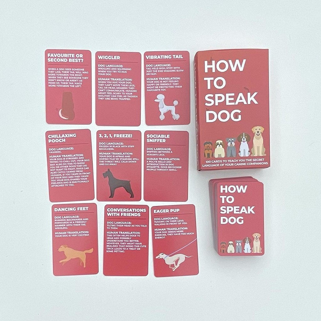A set of dog language learning cards and a matching instruction booklet titled 'HOW TO SPEAK DOG' arranged on a light gray background. The cards are red with white text and different dog illustrations, and the booklet and top card also feature the same red cover design.