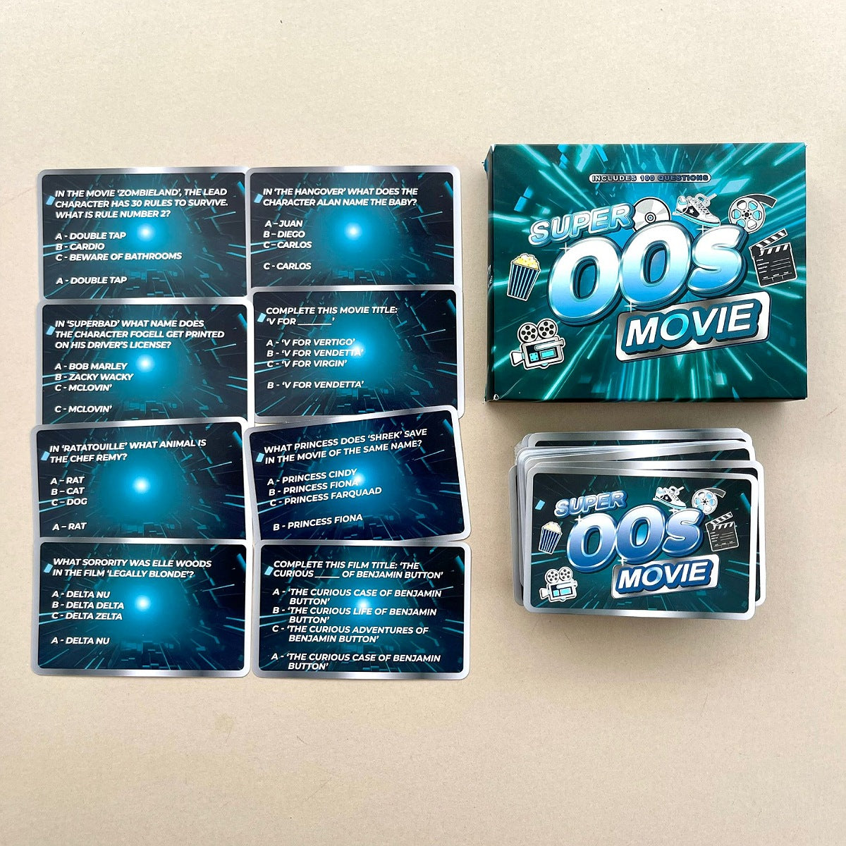 Super OOS Movie card game packaging with cards on a beige background