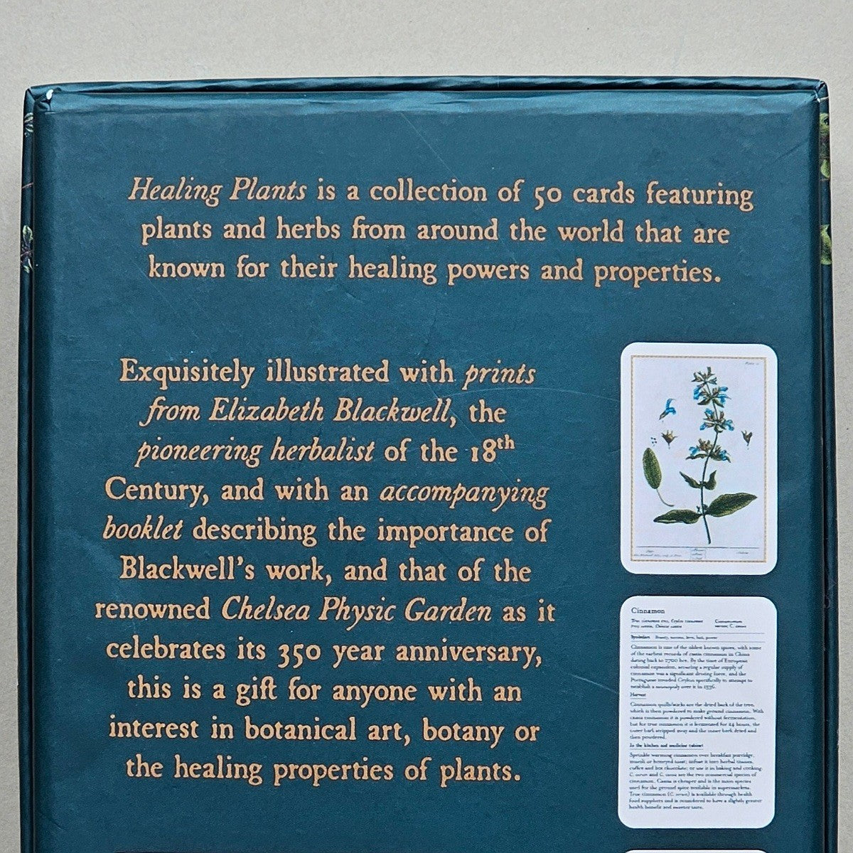 Back cover of a box titled 'Healing Plants' with text and botanical illustration.