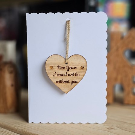 5th Wedding Anniversary Wooden Hanging Heart Card
