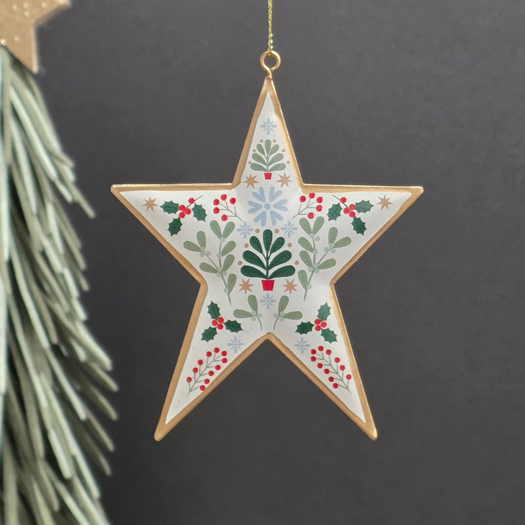 A five-pointed metal star Christmas hanging ornament with a gold-toned border and a hand-painted winter botanical pattern featuring green leaves, red berries, and snowflakes on a white background, hanging against a dark grey backdrop.