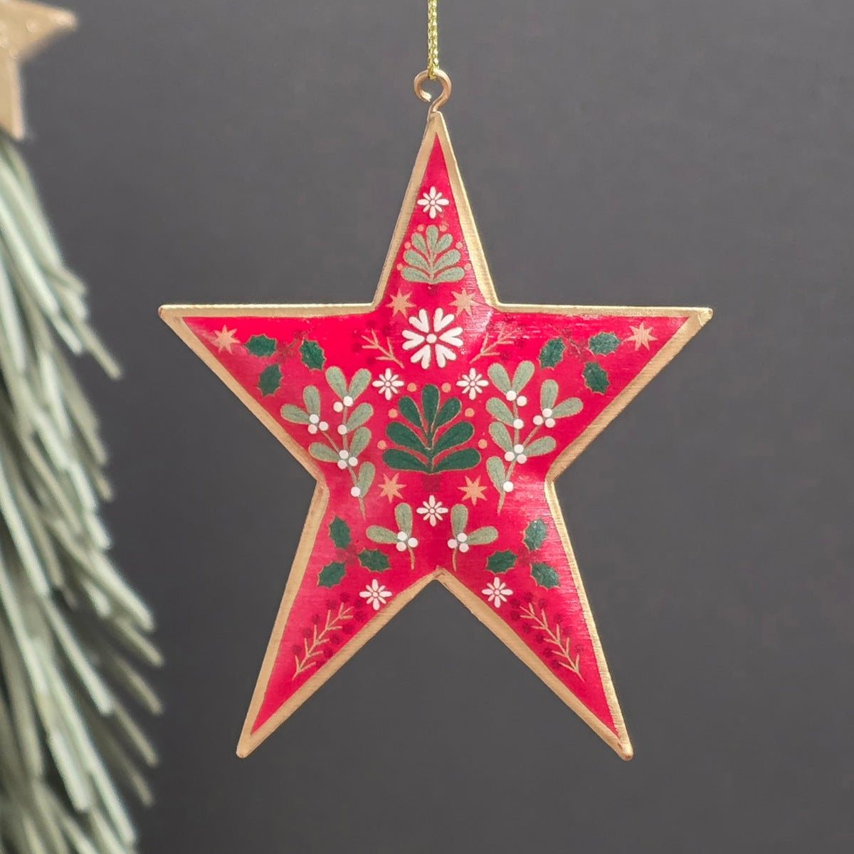 A red five-pointed metal star Christmas hanging ornament with a gold-toned edge and hand-painted green, white, and red holly and floral motifs, hanging against a dark grey background with a blurred pine branch on the left.