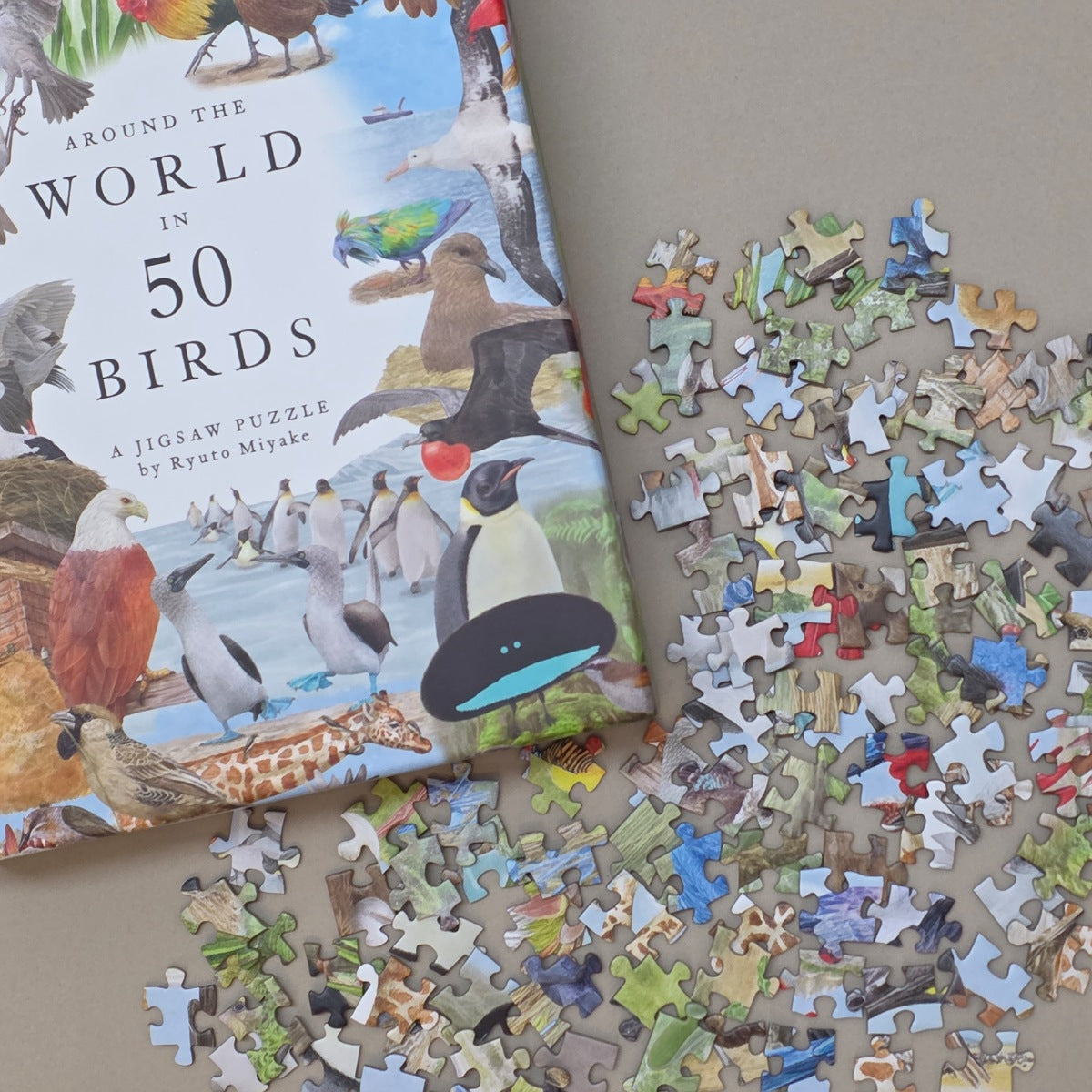 Jigsaw puzzle of birds with a partially completed puzzle on a flat surface