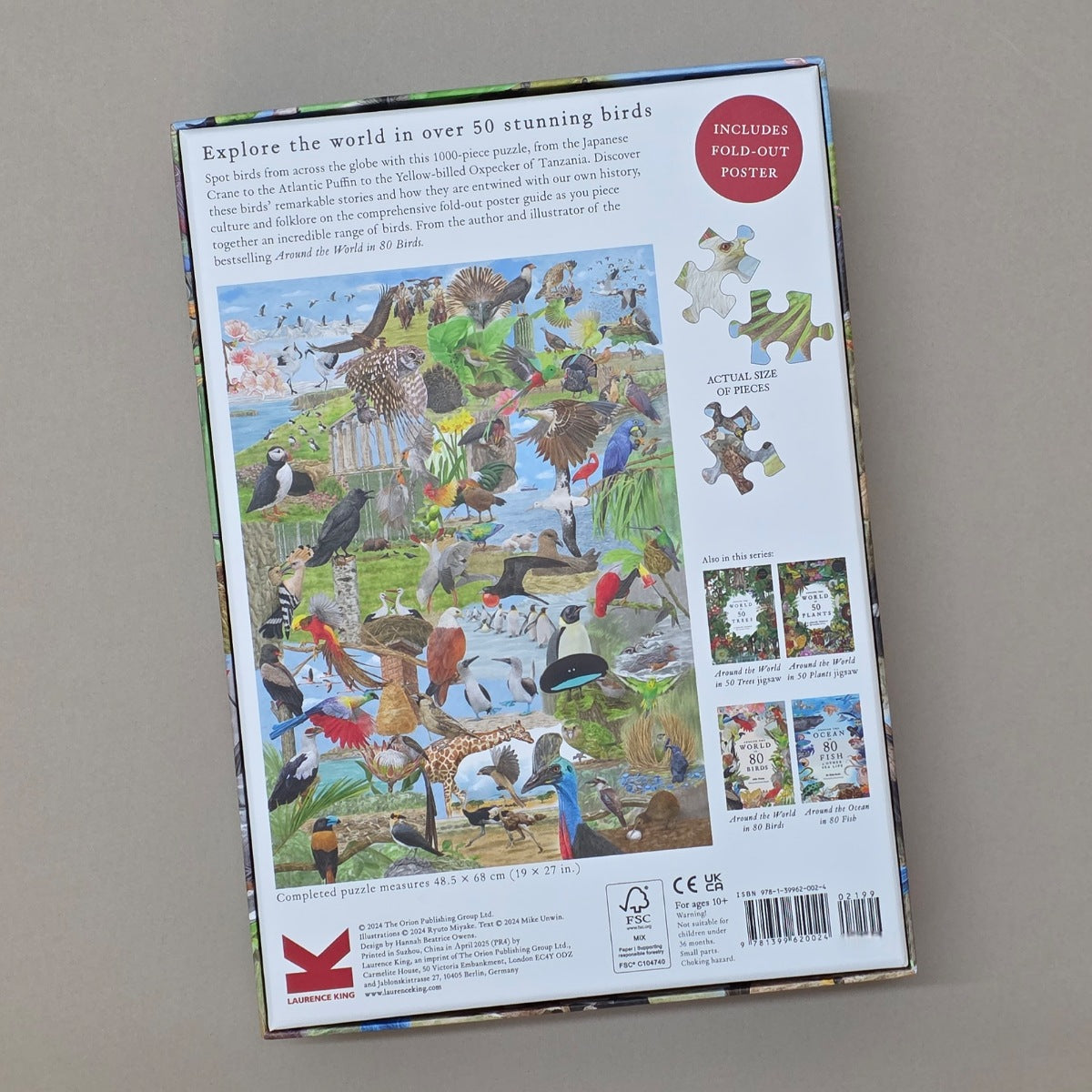 Back of a bird-themed jigsaw puzzle packaging with illustrations and text on a grey background