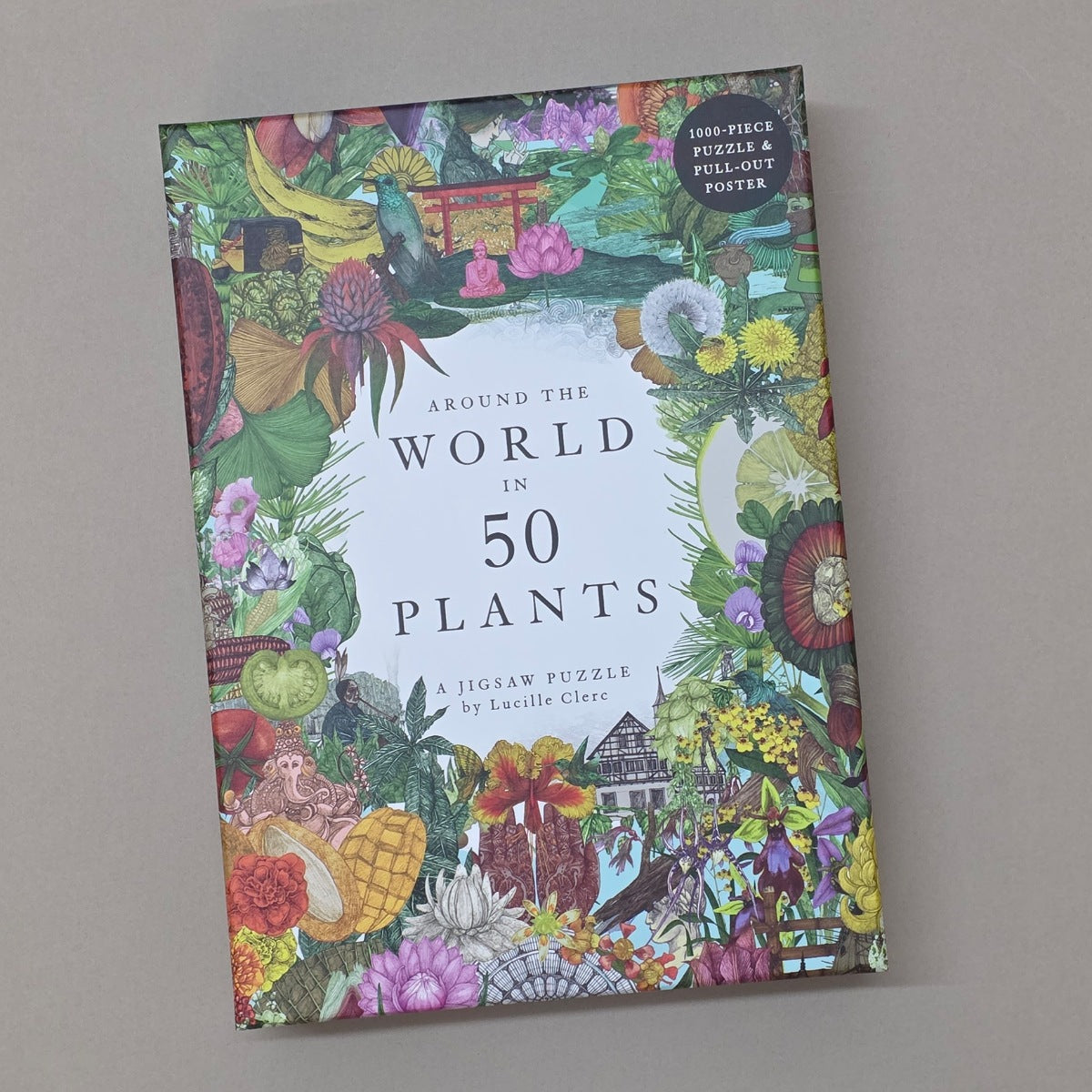 Jigsaw puzzle box titled 'Around the World in 50 Plants' on a grey background