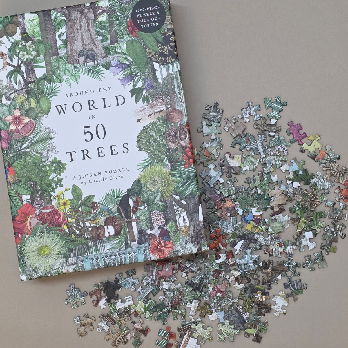 Jigsaw puzzle box titled 'Around the World in 50 Trees' with a partially completed puzzle on a neutral background