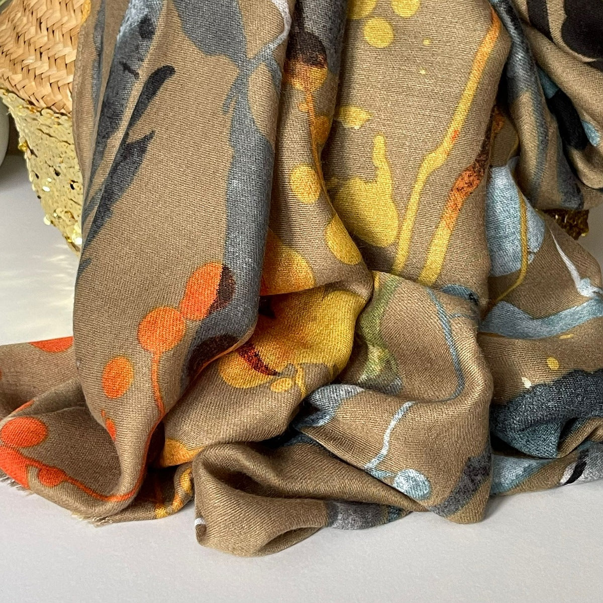Autumn Leaves Print Scarf in Mushroom