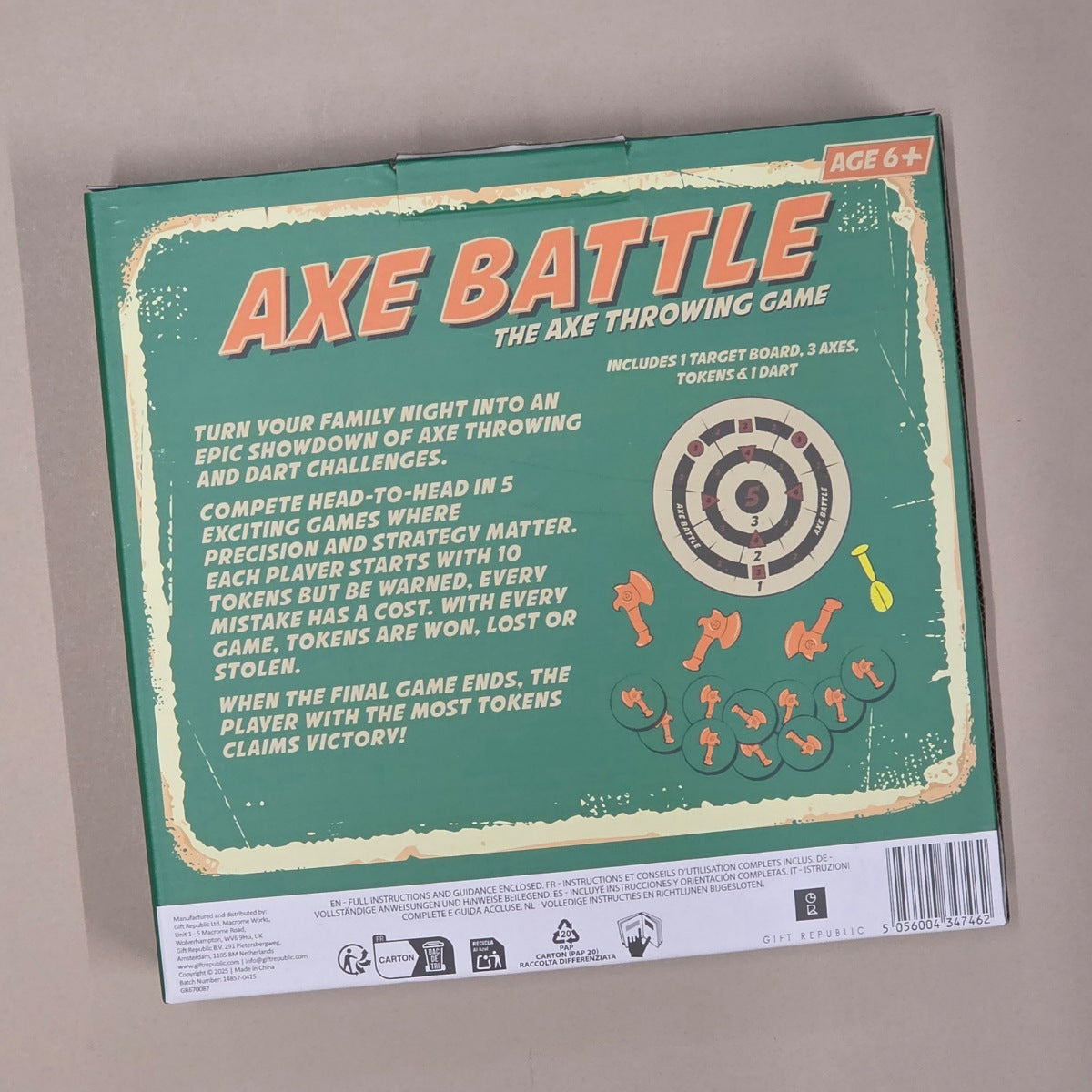 Box for 'Axe Battle' game with text and graphics on a beige background
