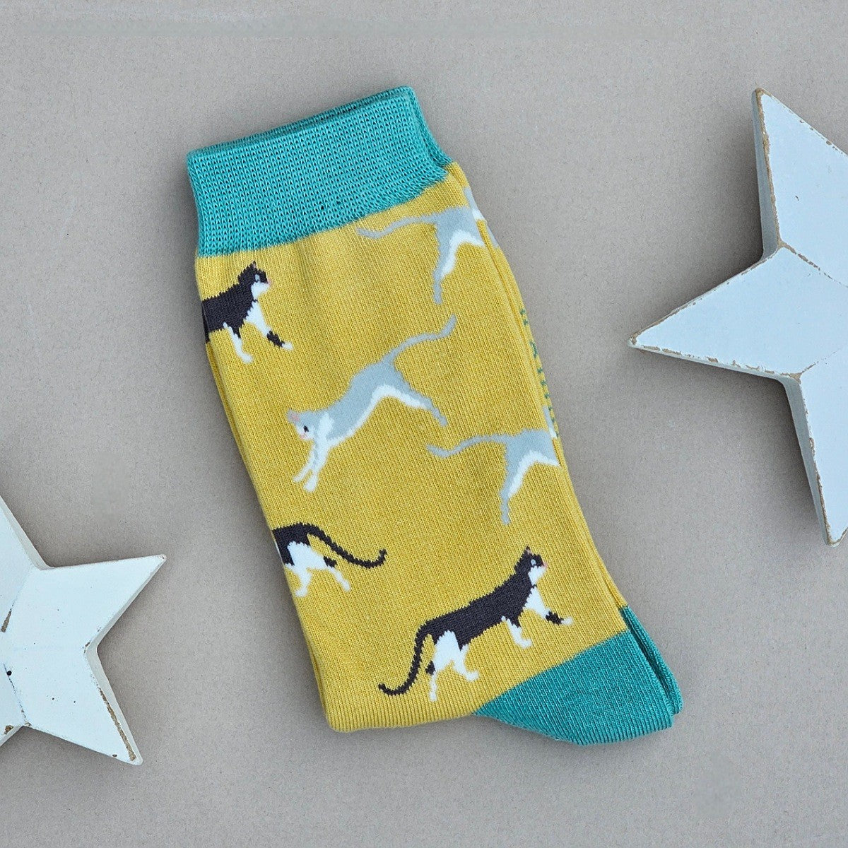 A single yellow sock with an all-over pattern of black and grey cats, with a  teal cuff, heal and toe.  Displayed on a neutral grey background with white star-shaped props.

