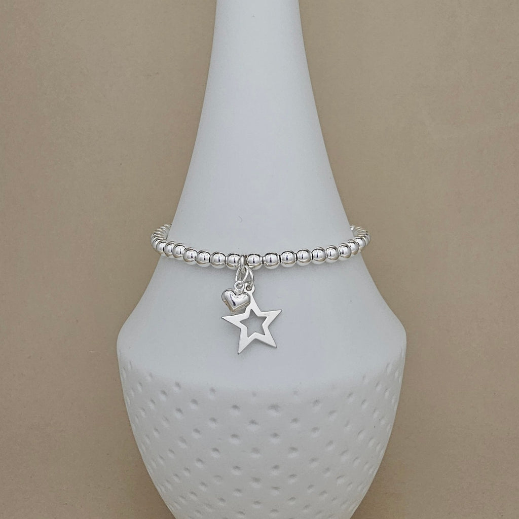 Bead Bracelet with Silver Open Star and Petite Heart
