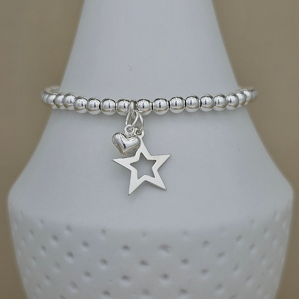 Bead Bracelet with Silver Open Star and Petite Heart