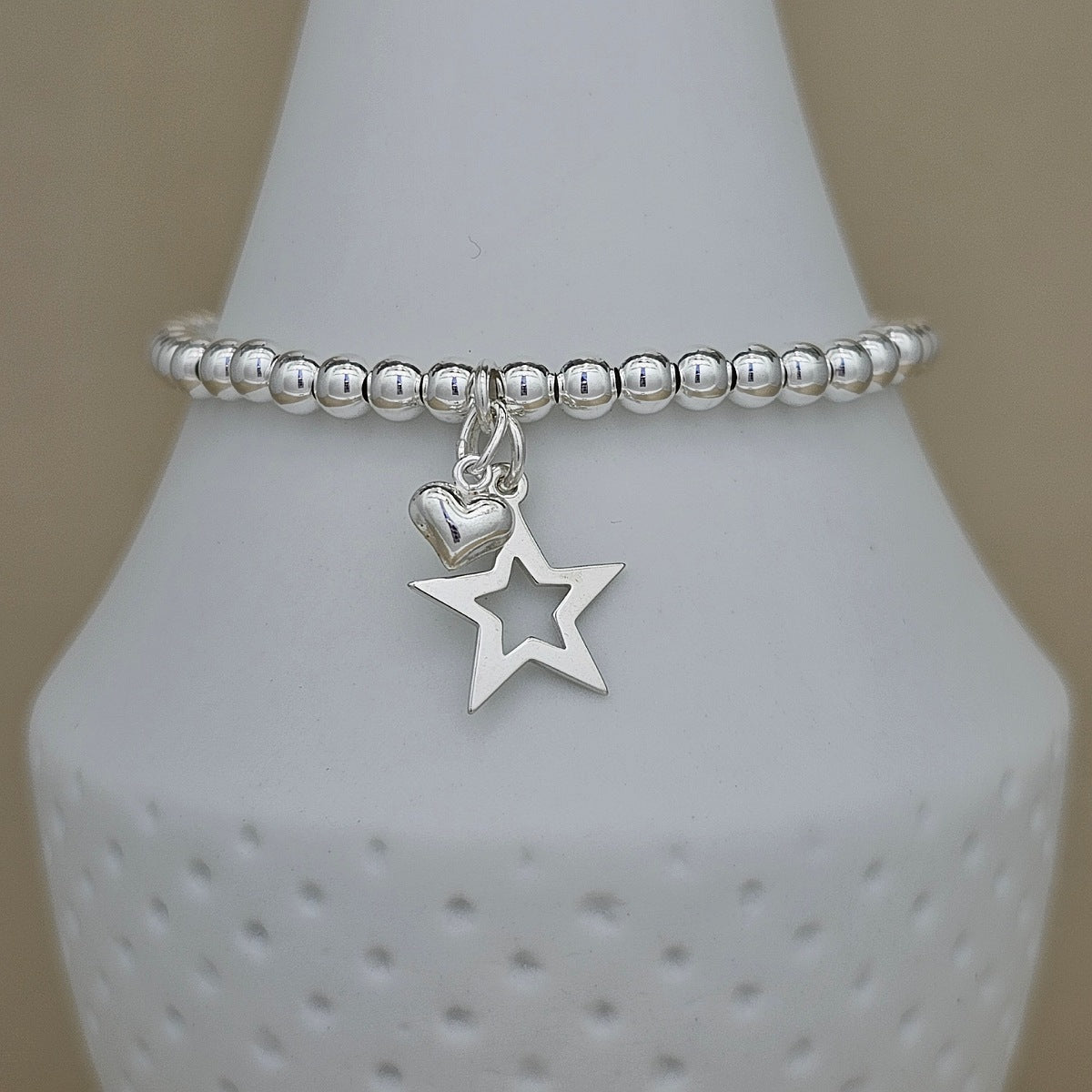 Bead Bracelet with Silver Open Star and Petite Heart
