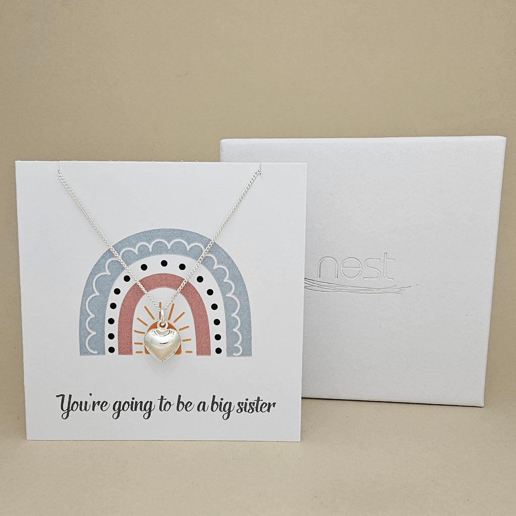 White square card with a silver necklace and heart pendant with rainbow design and text 'You're going to be a big sister' on a beige background.   Next to a white box with 'nest' branding
