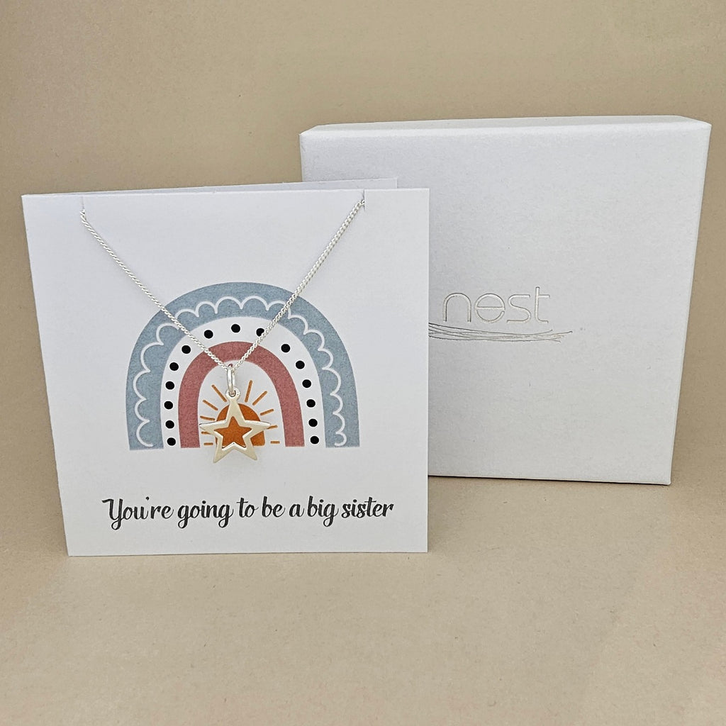 White square card with a silver necklace and open star pendant with rainbow design and text 'You're going to be a big sister' on a beige background.   Next to a white box with 'nest' branding
