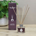Waxkind Cashmere Rose & Oud reed diffuser with a clear glass bottle, dark purple label, and natural wood reeds, shown next to its dark purple packaging box on a wooden tabletop with a potted plant in the background.
