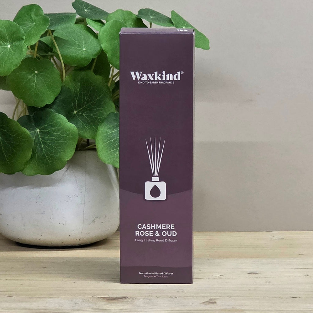 A tall rectangular box of Waxkind Cashmere Rose & Oud reed diffuser scent, standing on a light wood surface with a potted green plant behind it against a neutral beige wall.