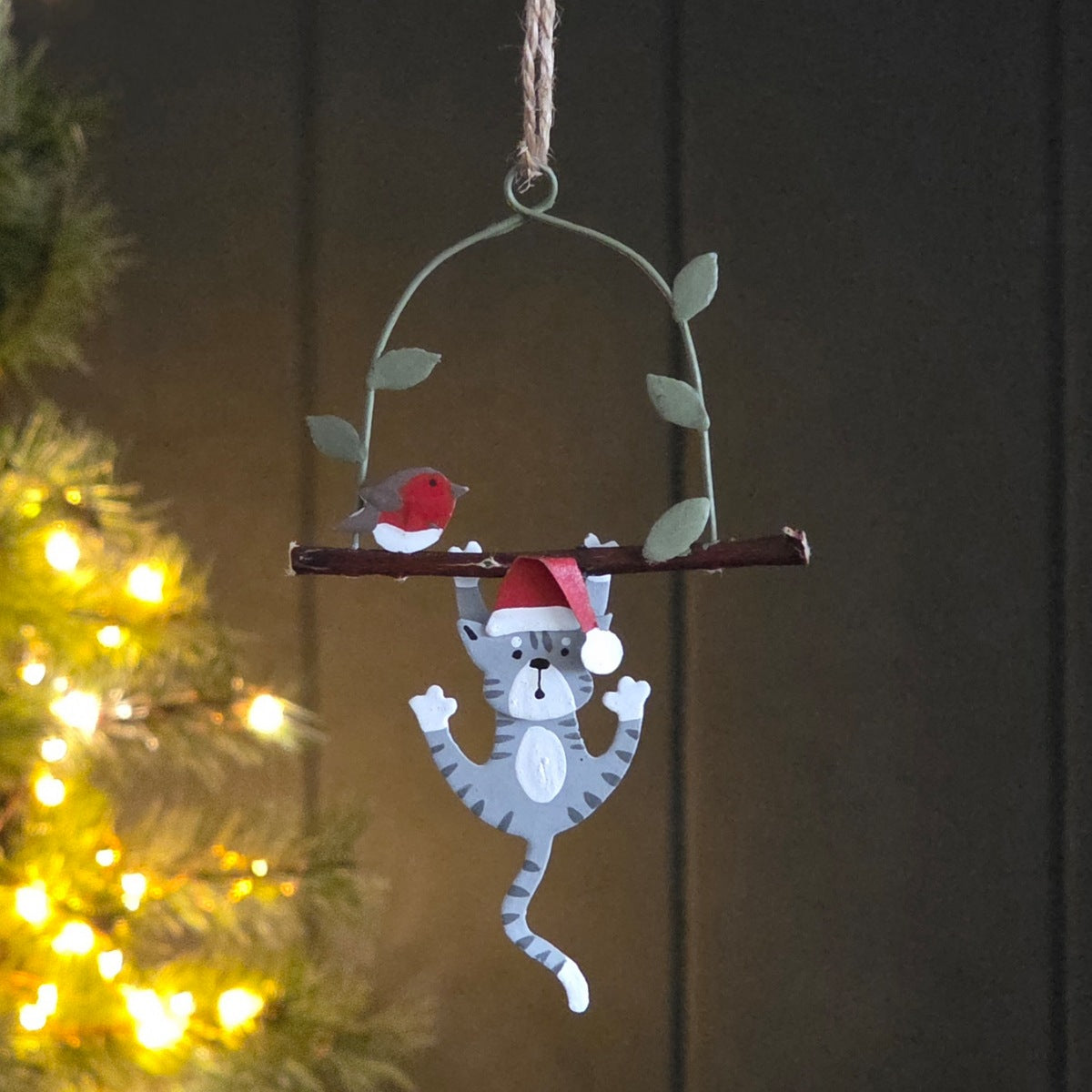 Cat Swinging On Branch Hanging Christmas Decoration