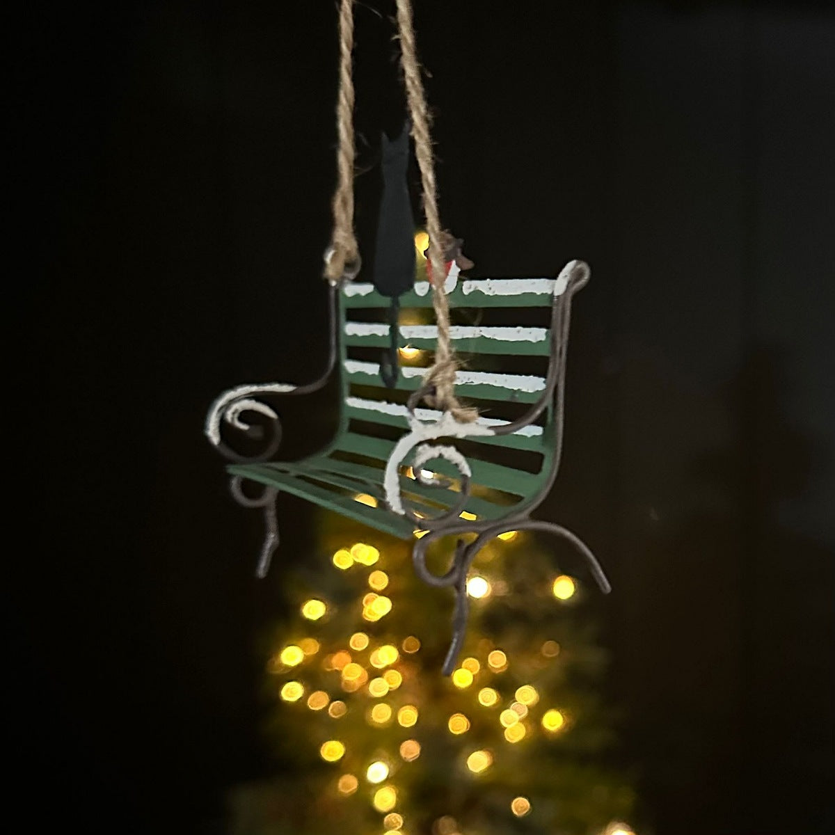 Cat and Robin on Bench Hanging Christmas Decoration