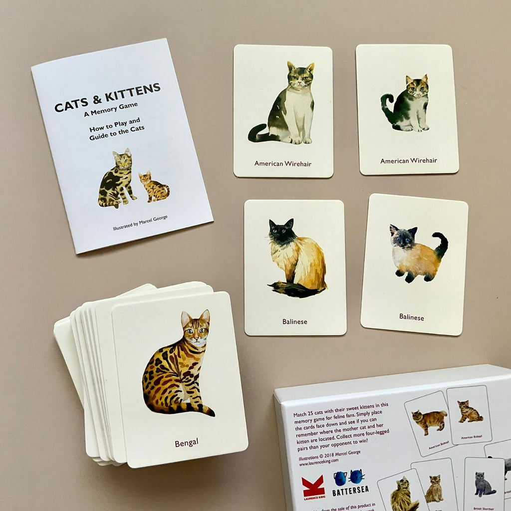 Cat-themed memory game with cards and a guide on a beige background