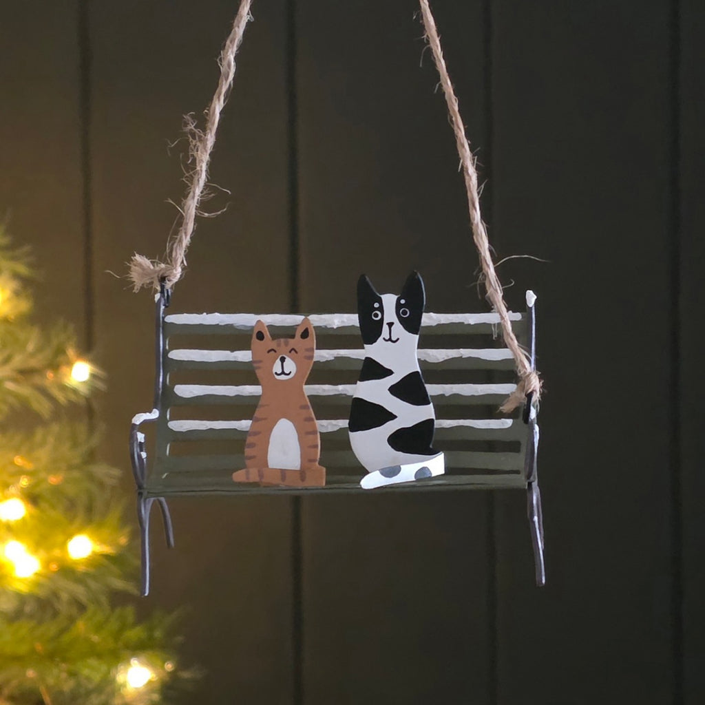 Cats on a Park Bench Hanging Christmas Decoration