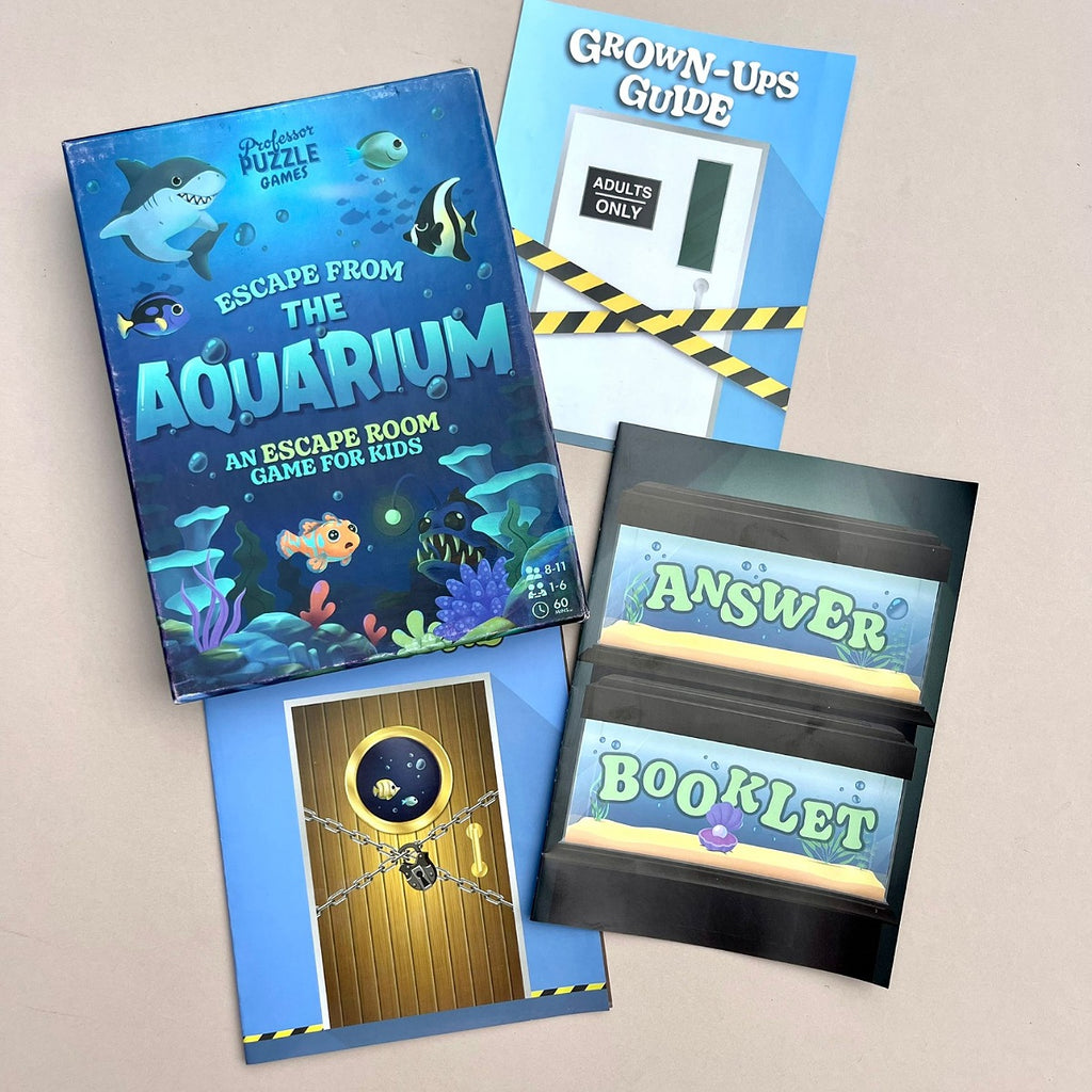 Escape from the Aquarium game set for kids with 'Grown-Ups Guide' and 'Answer Booklet'.