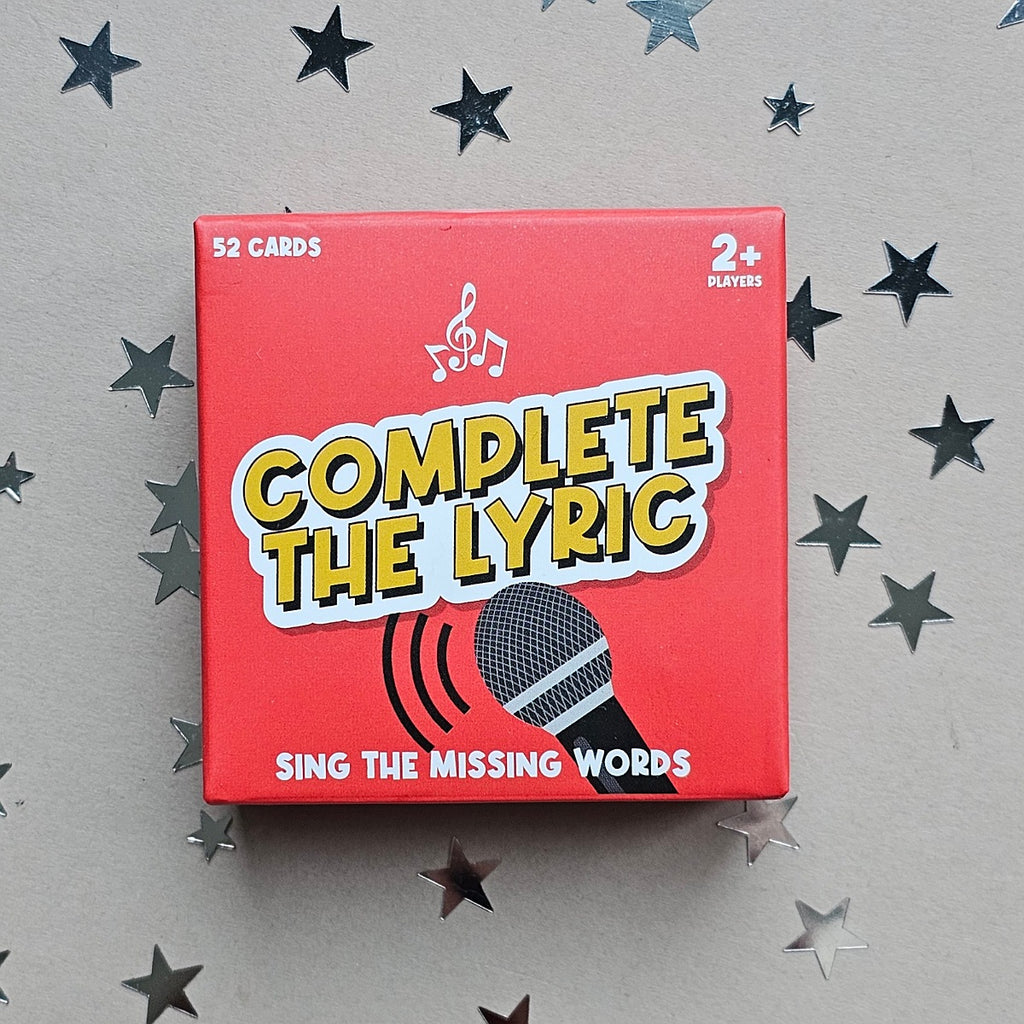 Card game box titled 'Complete the Lyric' with a microphone graphic on a star-patterned background.