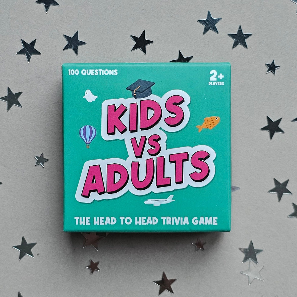Mini game box titled 'Kids vs Adults' on a gray background with star decorations