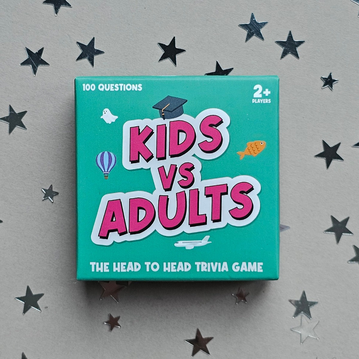 Mini game box titled 'Kids vs Adults' on a gray background with star decorations