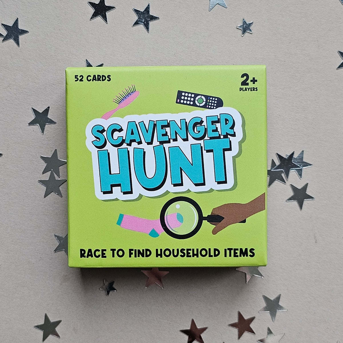 Scavenger Hunt game box with illustrations of household items on a star-patterned background