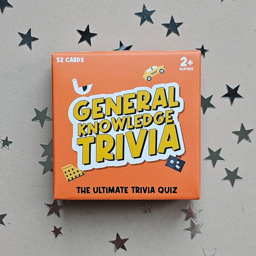 General Knowledge Trivia game box on a gray background with star decorations