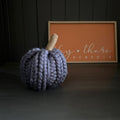 Knitted wooden dark grey pumpkin decoration on a dark surface with a framed sign in the background.