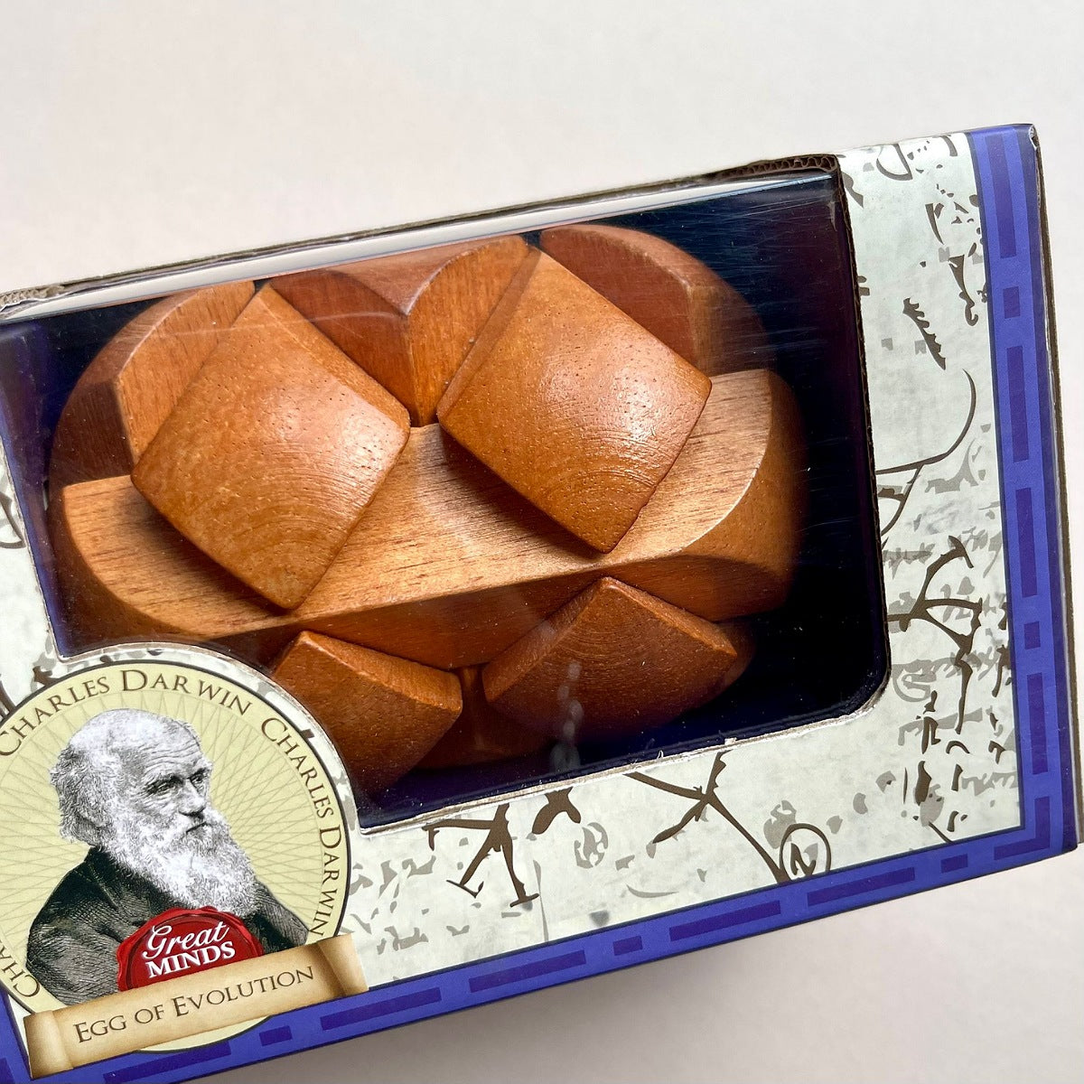 Wooden geometric puzzle in a box with Charles Darwin label