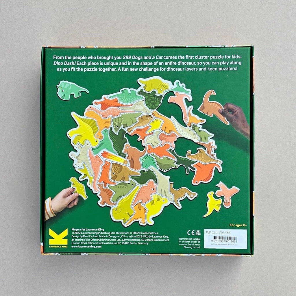 Dinosaur cluster puzzle packaging with colorful dinosaur illustrations on a green background