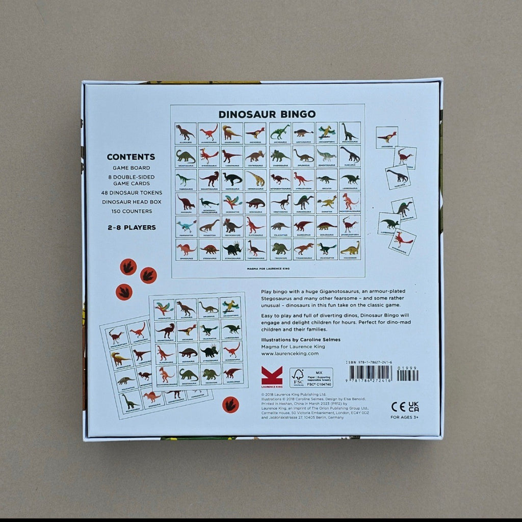 Dinosaur Bingo game box with content details on a beige background