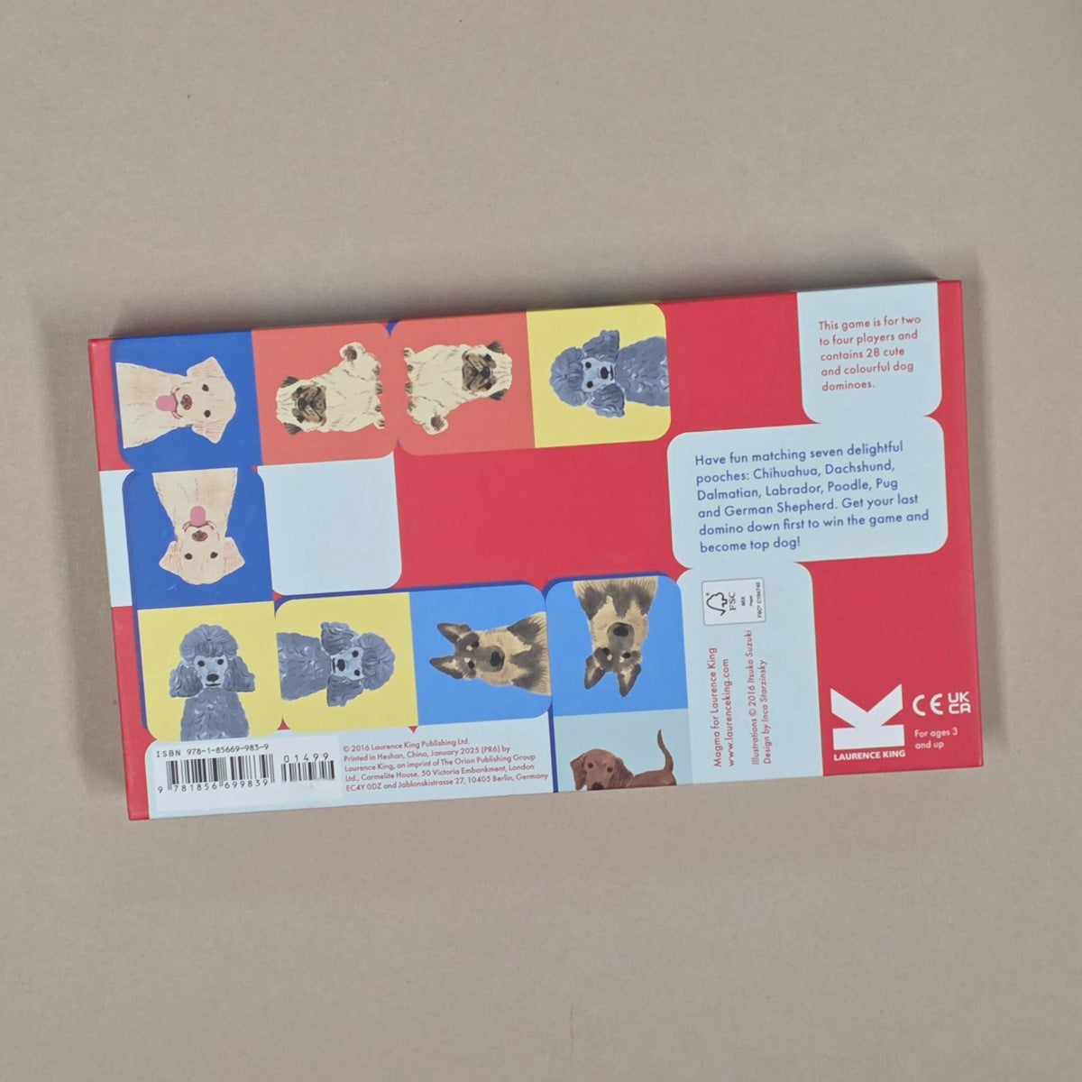 Board game box with dog illustrations on a beige background