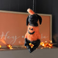 A small felted wool dog hanging ornament dressed in an orange pumpkin costume with black ears, face, and paws, photographed indoors against a softly blurred background with warm lights and a framed sign.