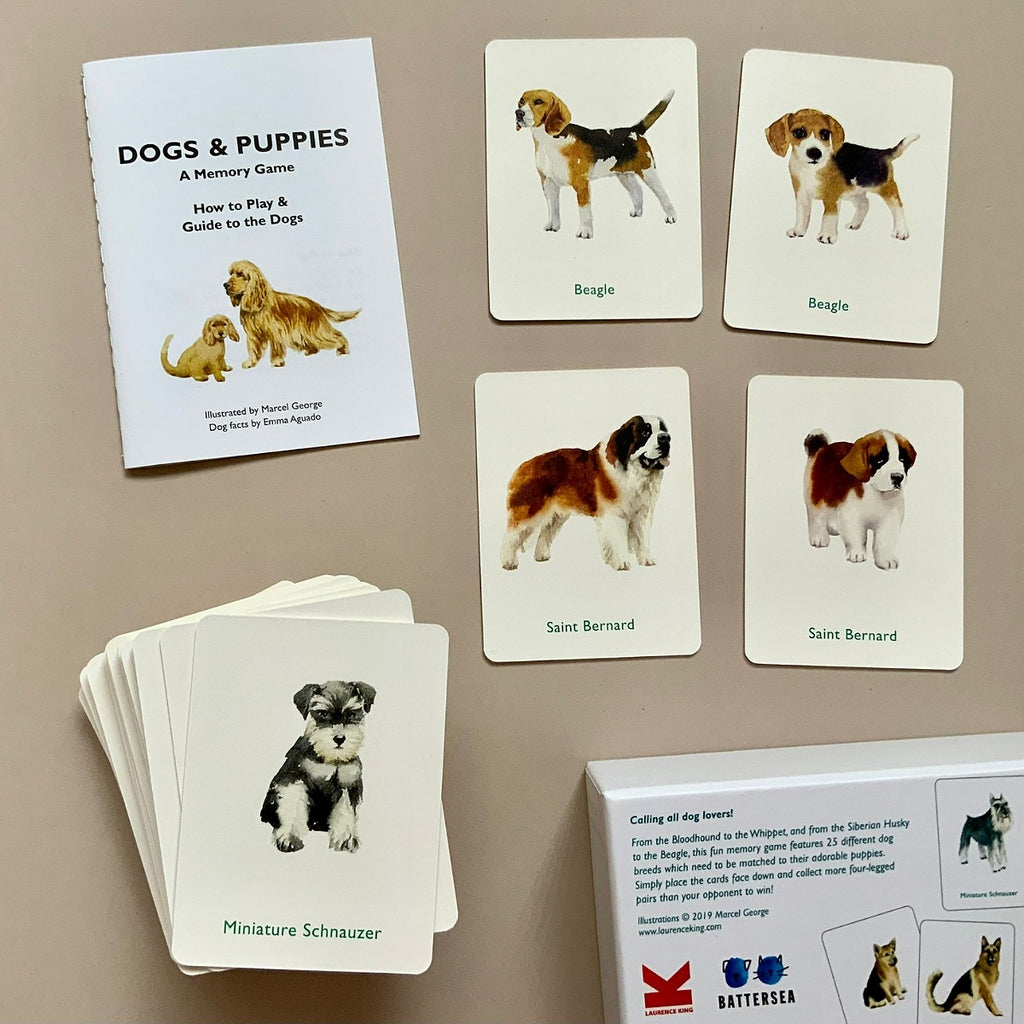 Memory game with dog and puppy cards and instructions on a beige background