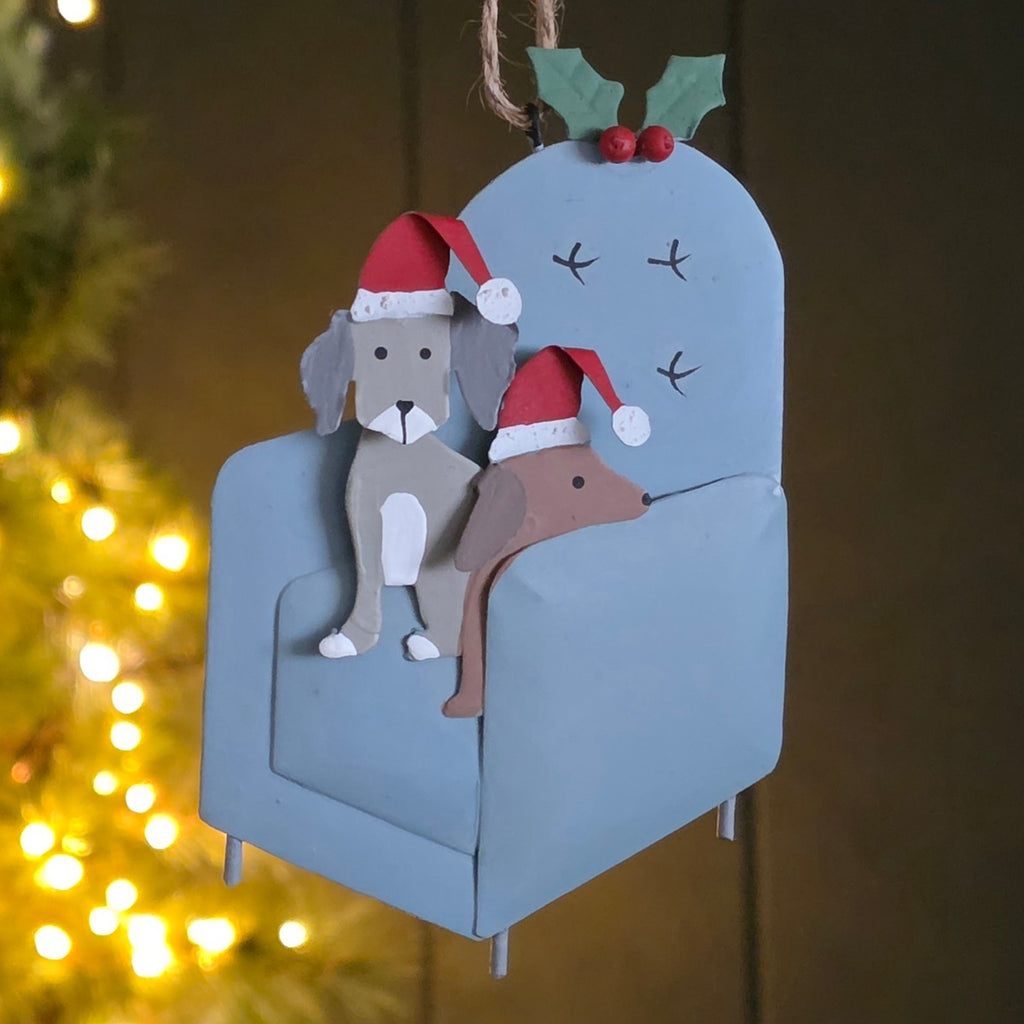Dogs on an Armchair Hanging Christmas Decoration