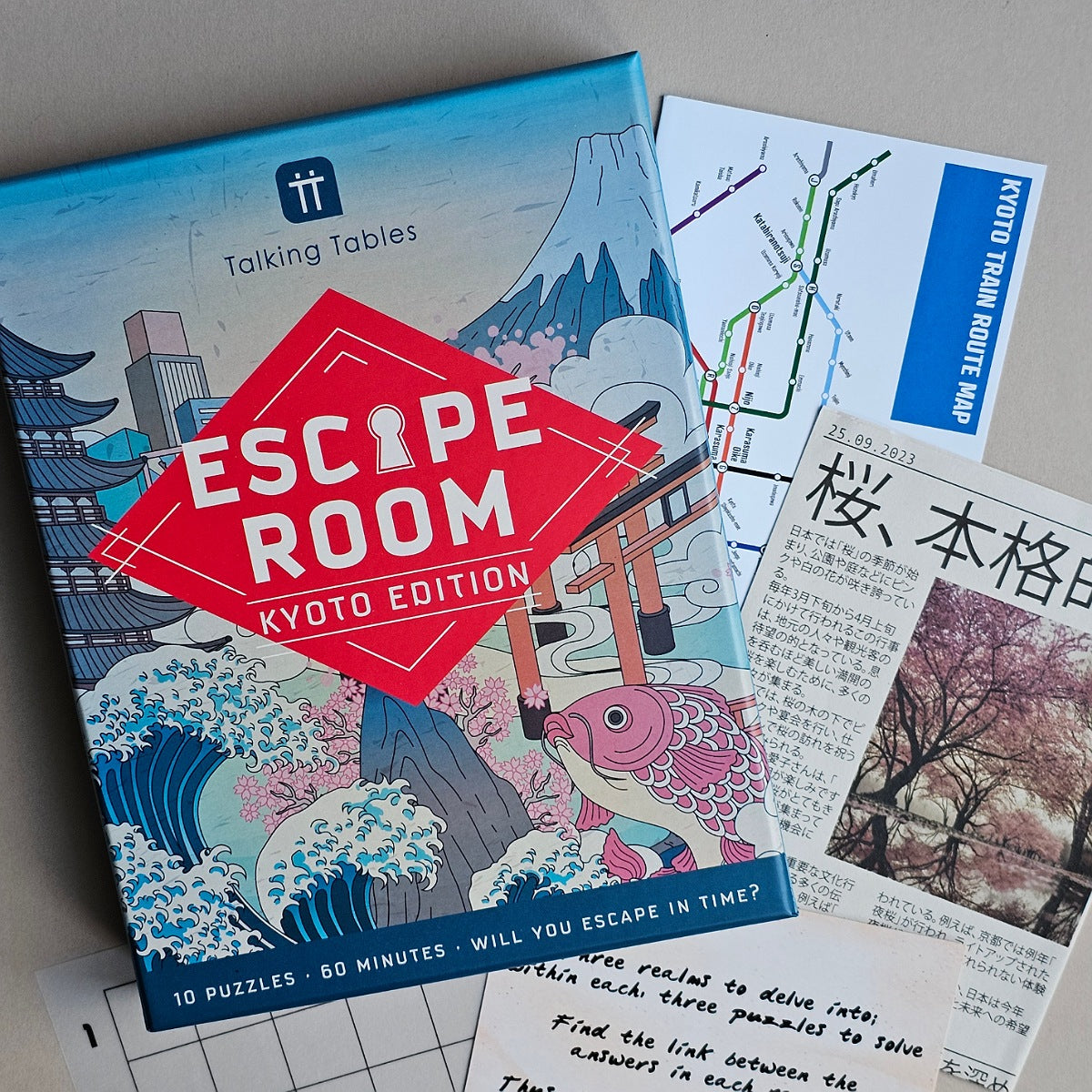 Escape Room Kyoto Edition game box with related materials on a neutral background