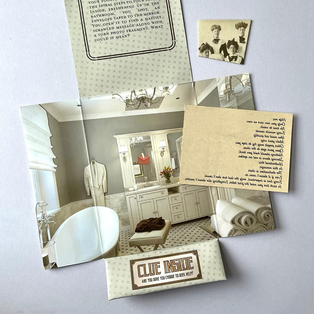 Vintage-style room layout with photos, letters, and a 'Clue Inside' card on a light grey background.