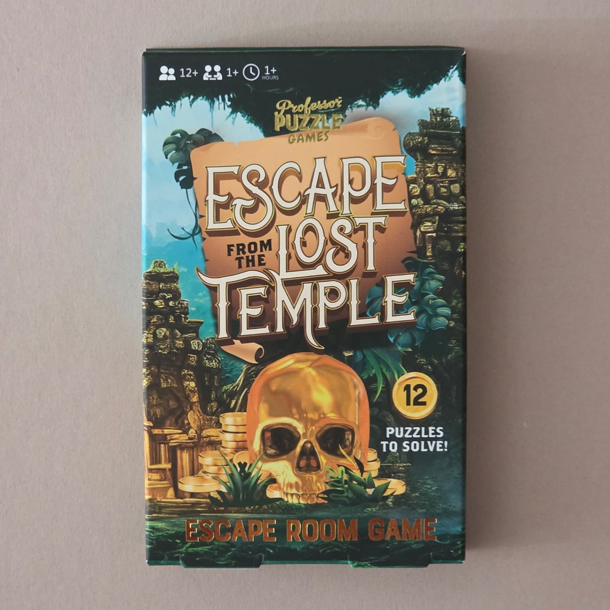 Escape from the Lost Temple game box on a grey background