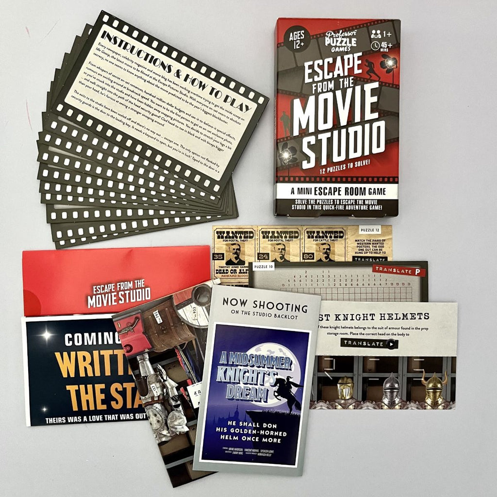 Collection of 'Escape from the Movie Studio' game components on a light  background
