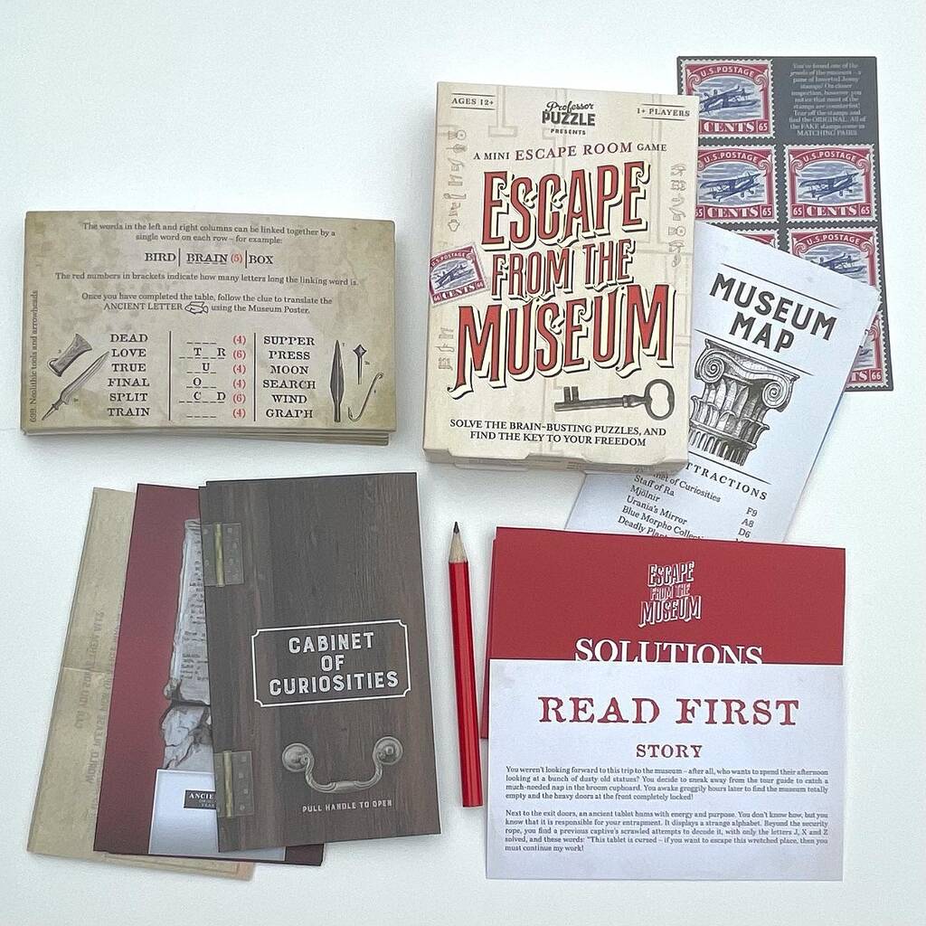 Collection of 'Escape from the Museum' game components including books and a pencil on a white background.